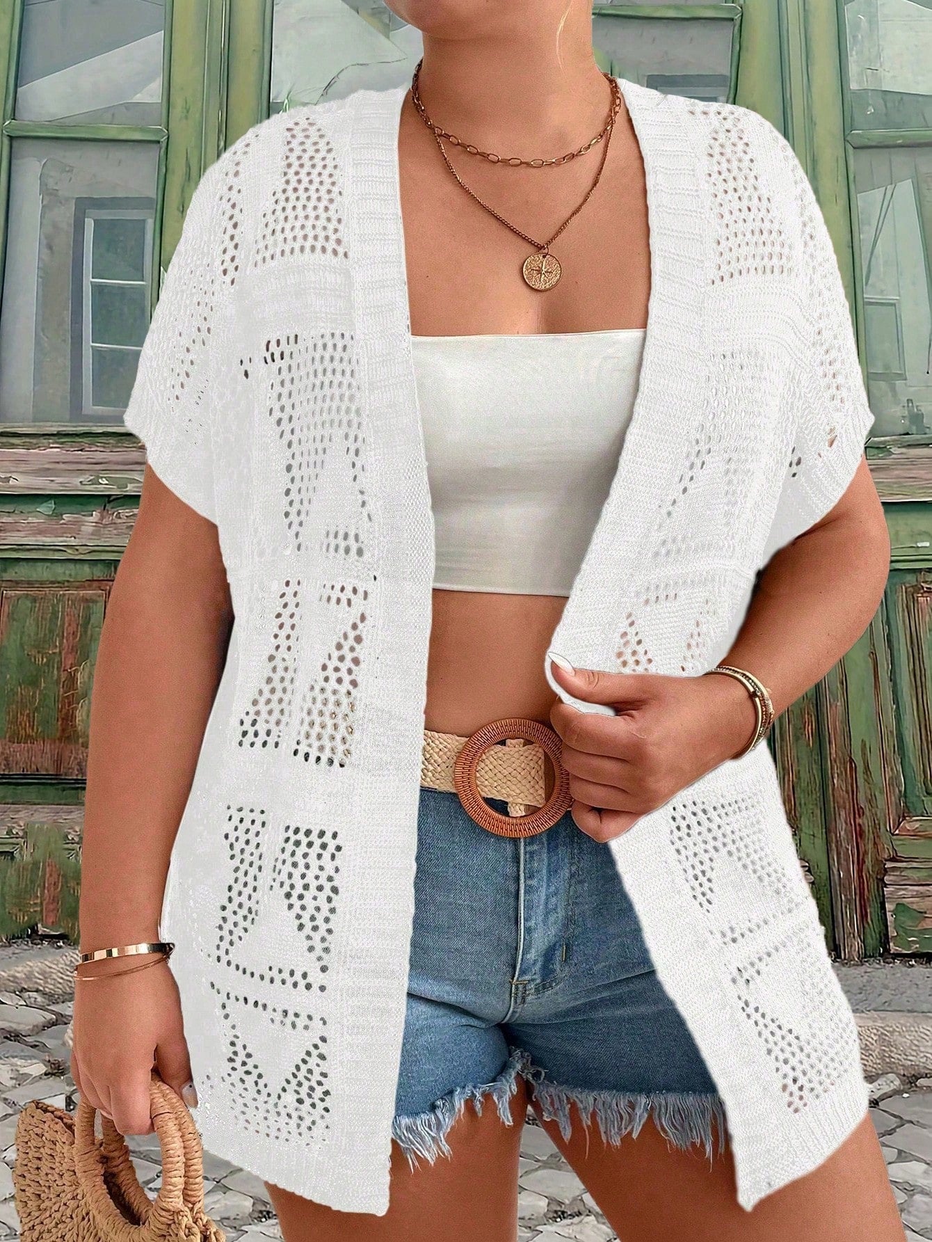 Plus Size Summer Solid Color Knitted Casual Short Sleeve Cardigan