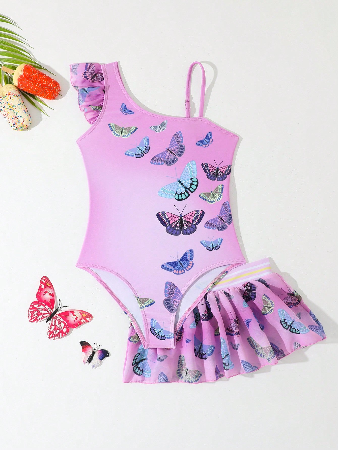 Young Girl Butterfly Printed Jumpsuit Mesh Skirt Set