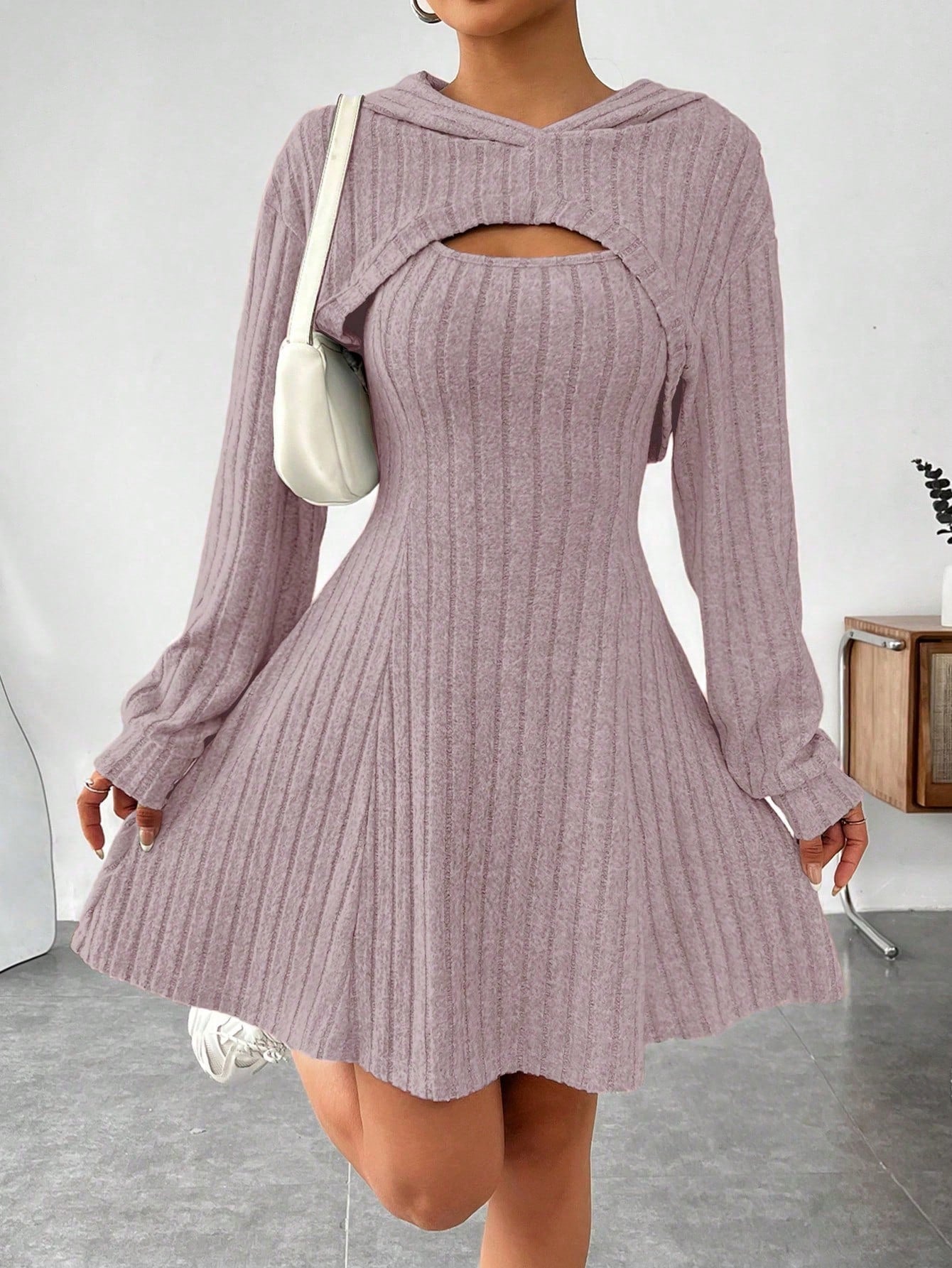 Women Spring/Summer Solid Color Drop Shoulder Long Sleeve Super Crop Top And Dress Casual 2 Pieces Set