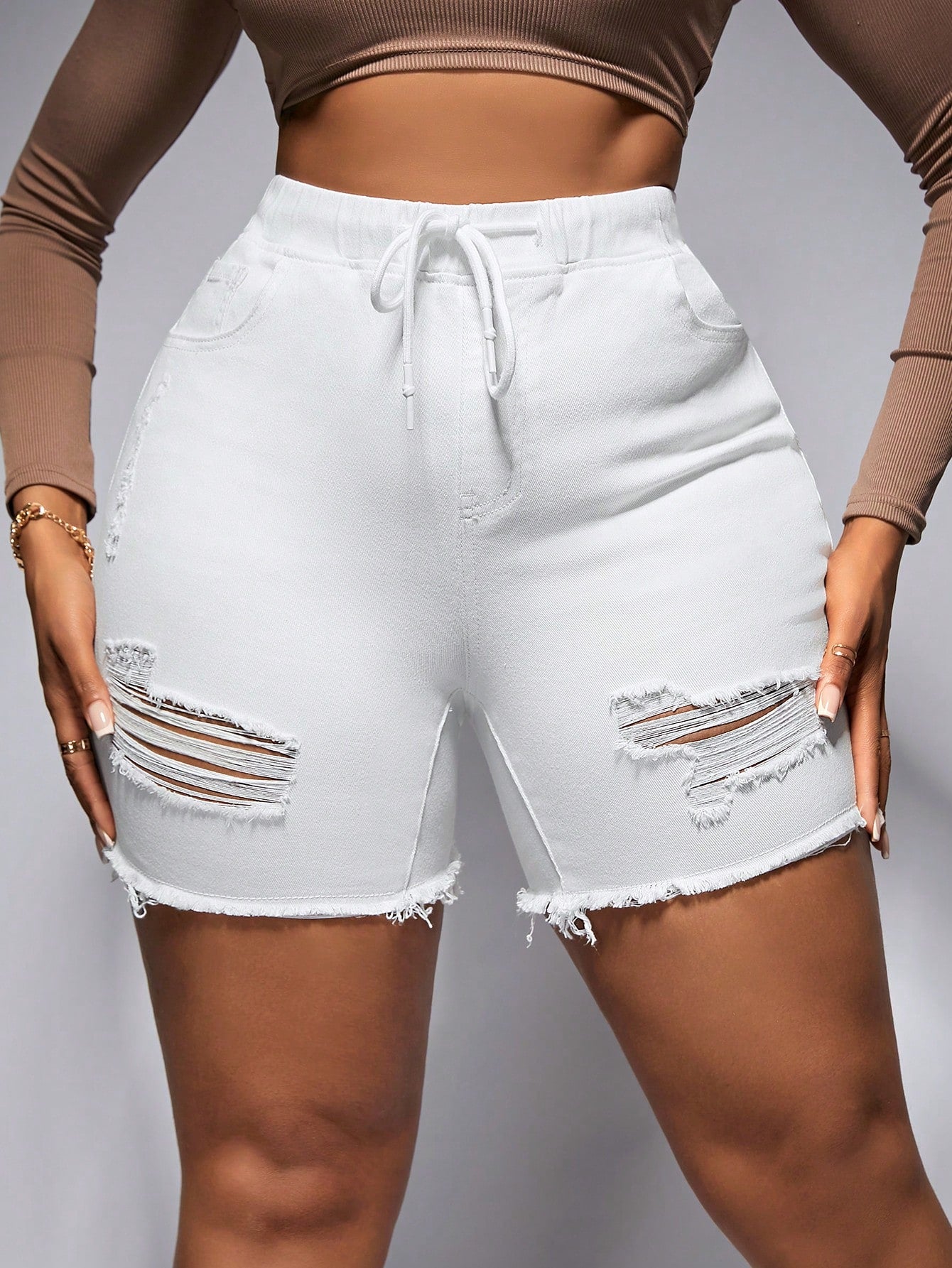 Plus Size Distressed Drawstring Denim Shorts Suitable For Daily Wear