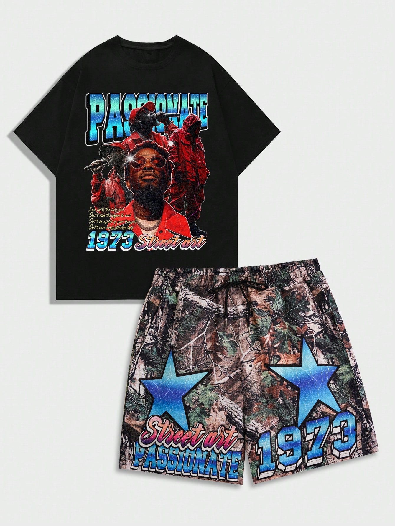 Street Life 2pcs Men's Portrait Printed Short Sleeve T-Shirt And Shorts, Suitable For Daily Wear In Spring And Summer