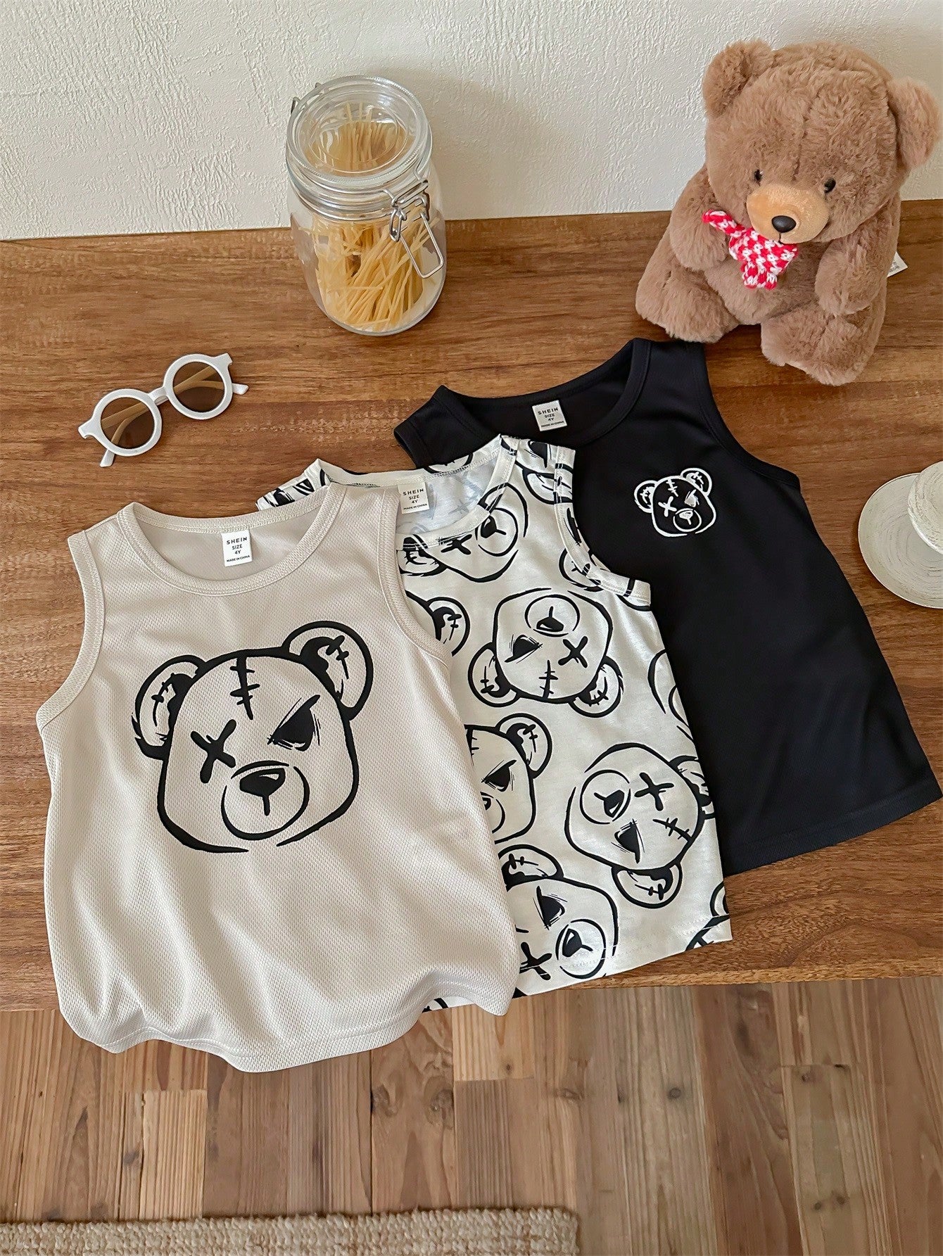 3pcs Young Boy Cute Cartoon Bear Pattern Round Neck Lightweight Comfortable Vest, Multipack