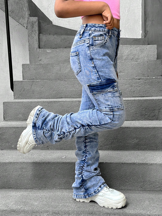 Tween Girls Y2K Trendy Stonewashed  Flared Jeans With Pleats And Flap Pocket Stacked Jeans