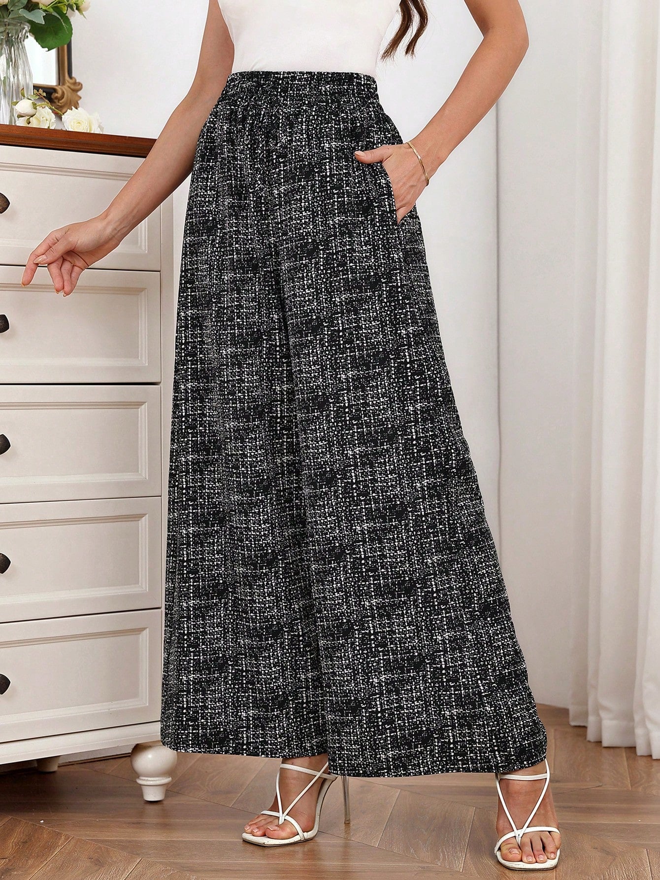 Allover Print Slant Pocket Wide Leg Pants