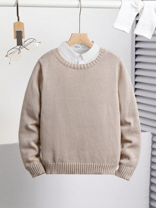 Tween Boys' Loose Casual Solid Color Sweater, Spring And Autumn