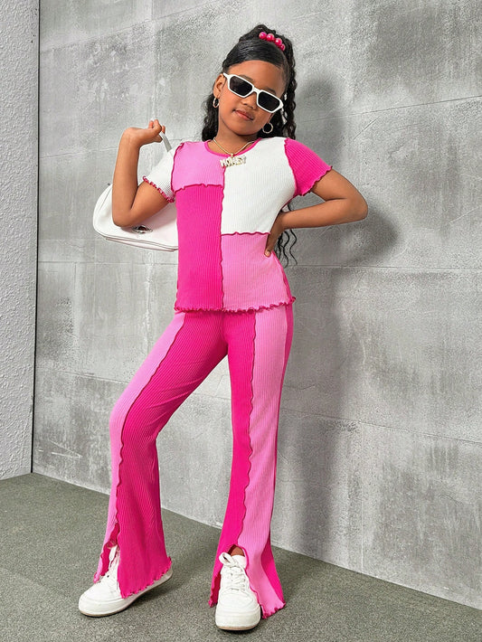 Tween Girl Casual Round Neck Pullover Short Sleeve T-Shirt And Pants Set With Color Block Design