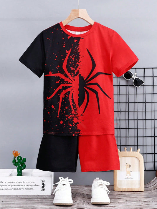 Tween Boy Summer Loose Spider Pattern Patchwork Short Sleeve Shorts Flame Resistant Pajamas Set, 2pcs