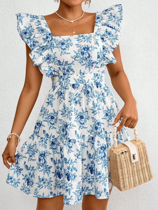 Vacation Woven Print Square Neck Short Sleeve Dress For Women