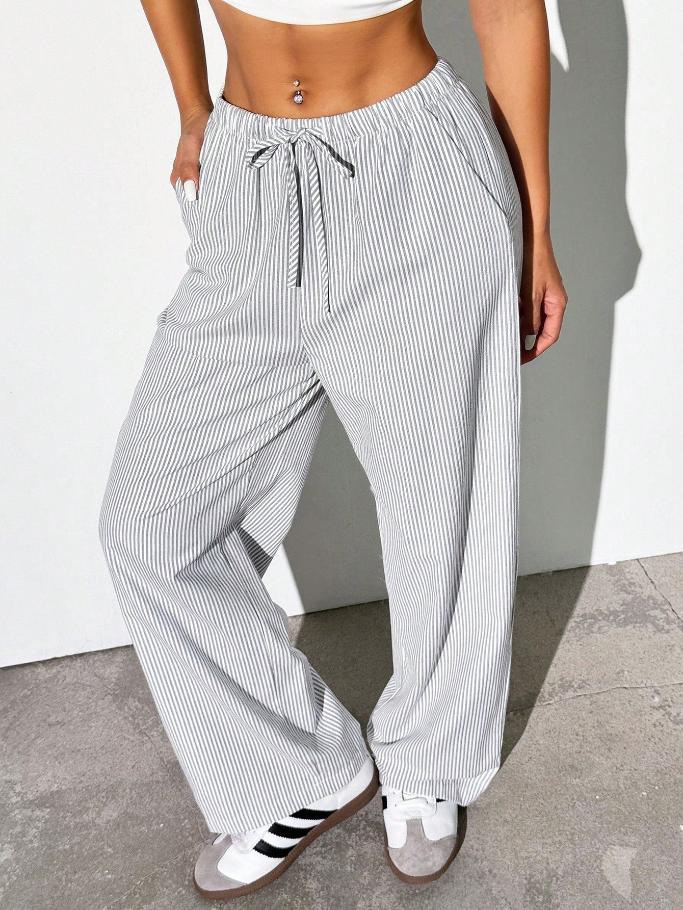 White Woven Women's Wide-Leg Pants