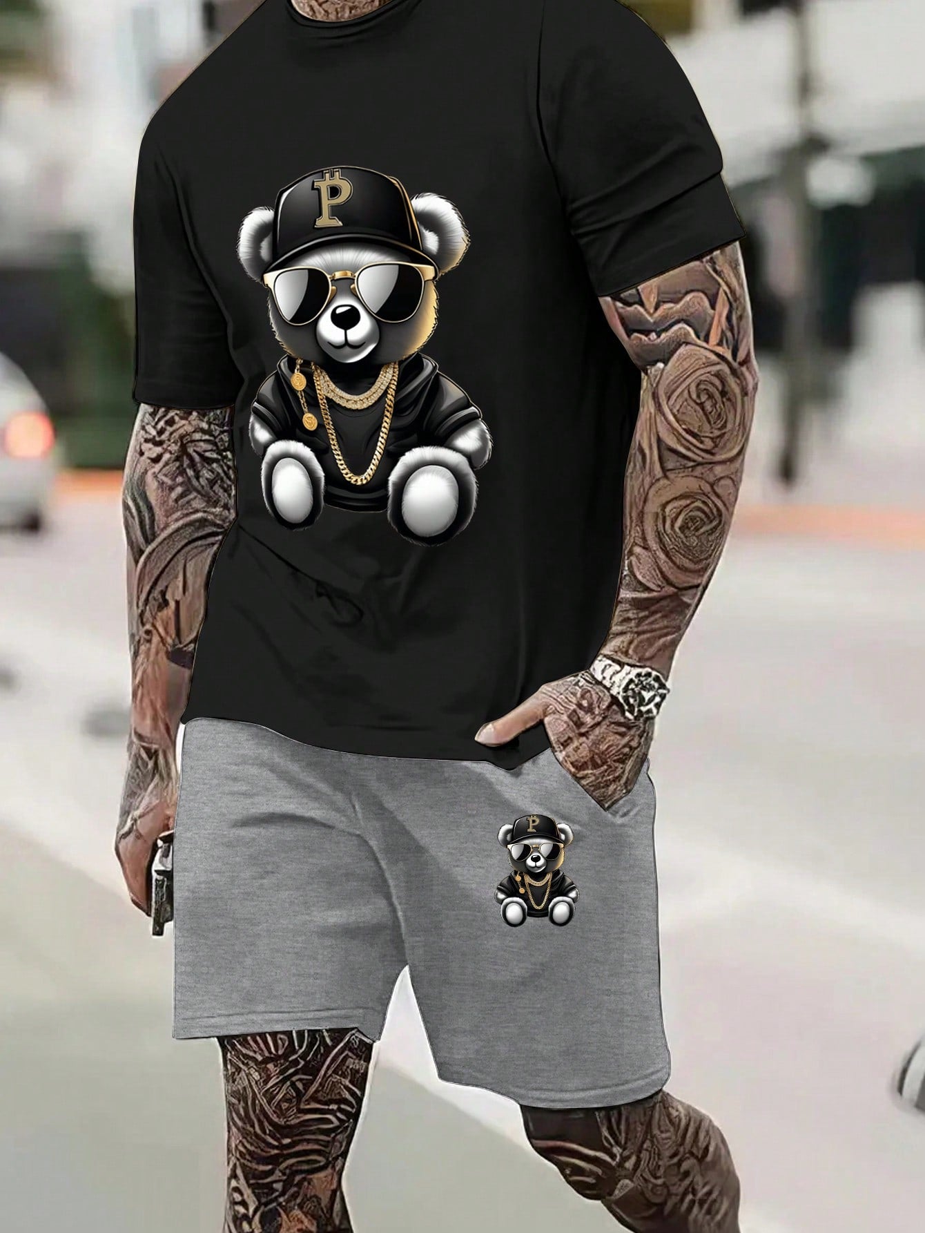 Men Casual Daily Wear Spring/Summer Short Sleeve T-Shirt And Shorts Set With Bear Print