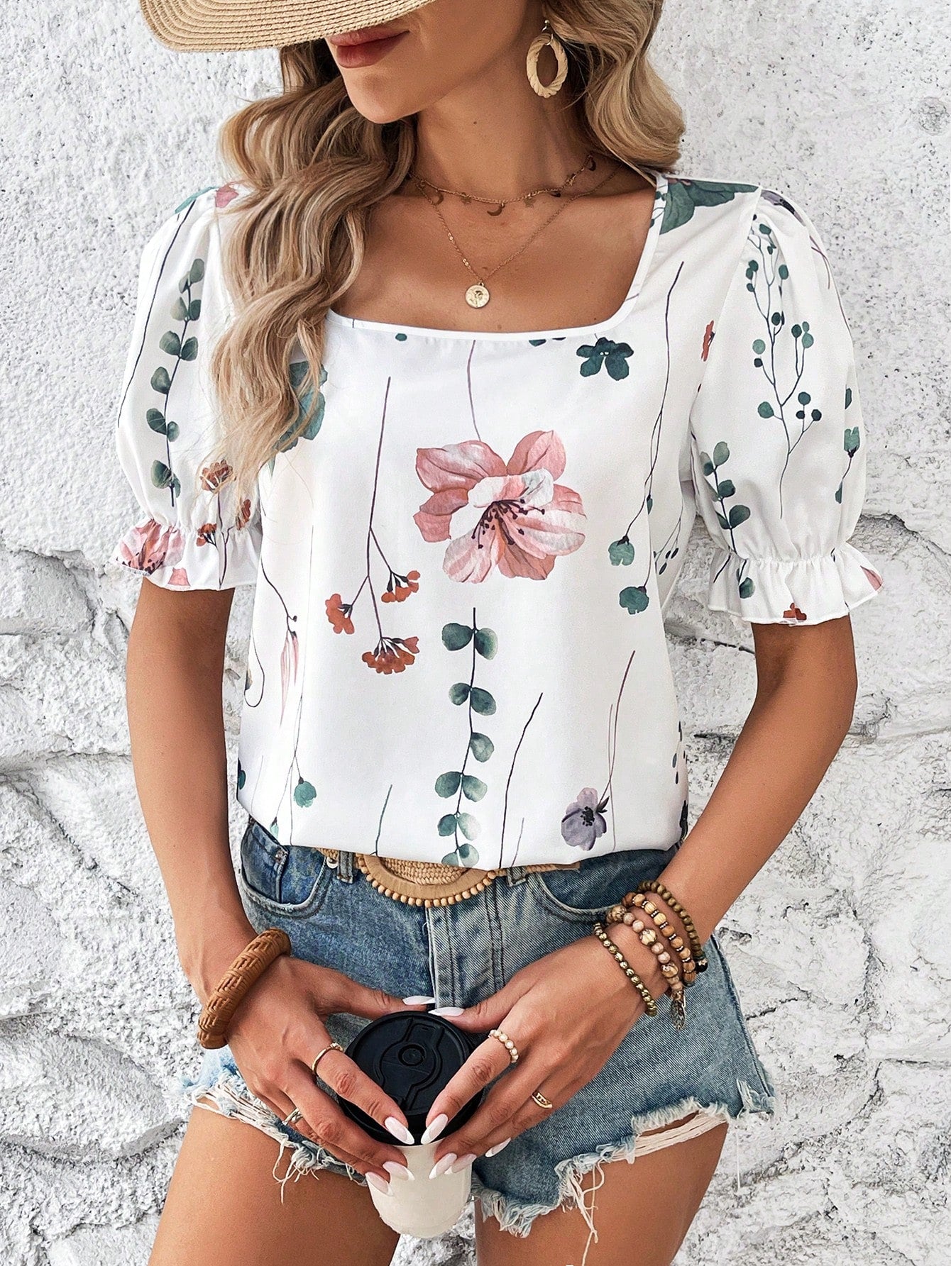 Floral Print Women's Vacation Loose-Fit Puff Sleeve Wide Neckline Shirt