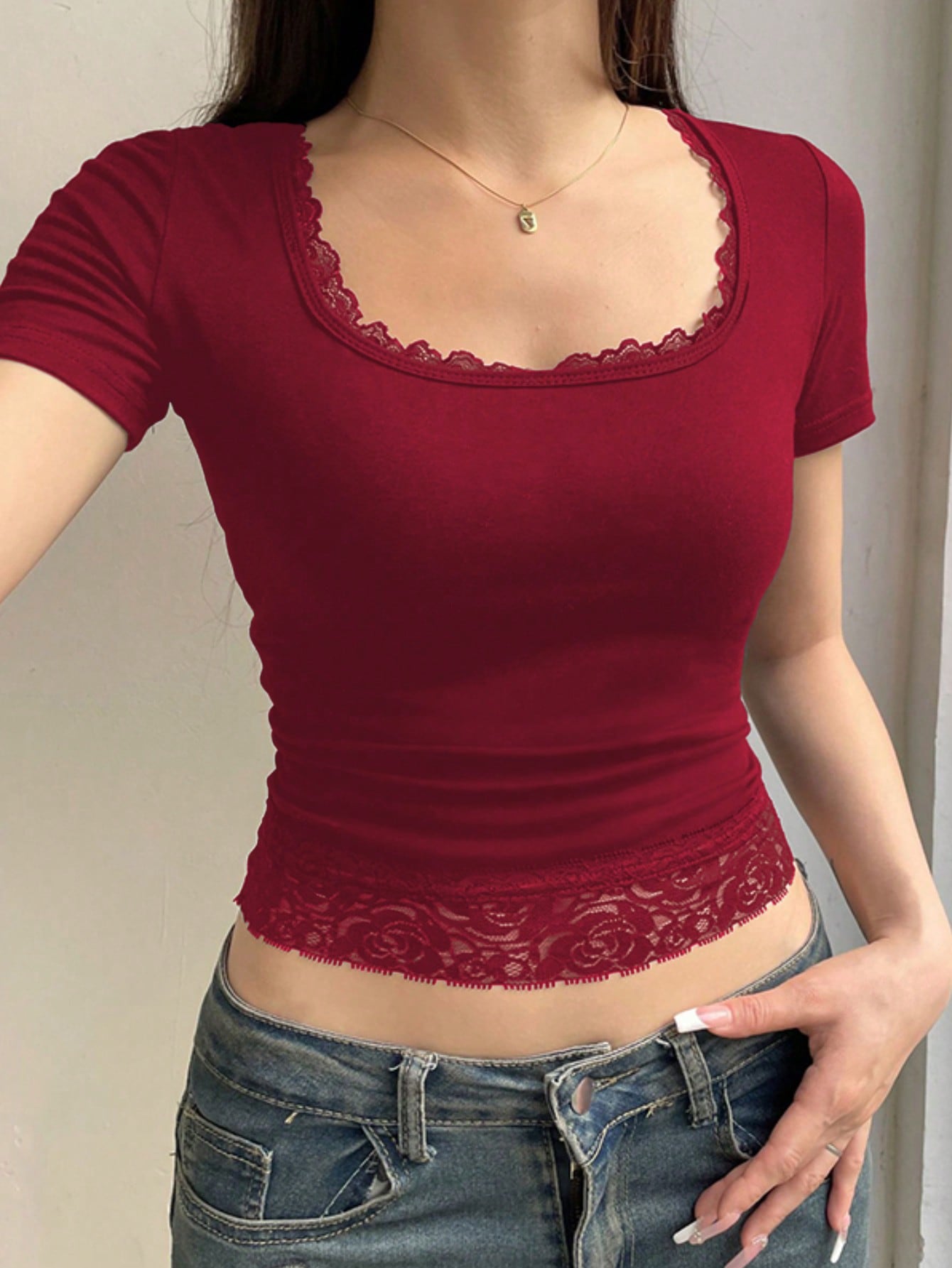 Summer Short Lace Splice Tight Fashion T-Shirt