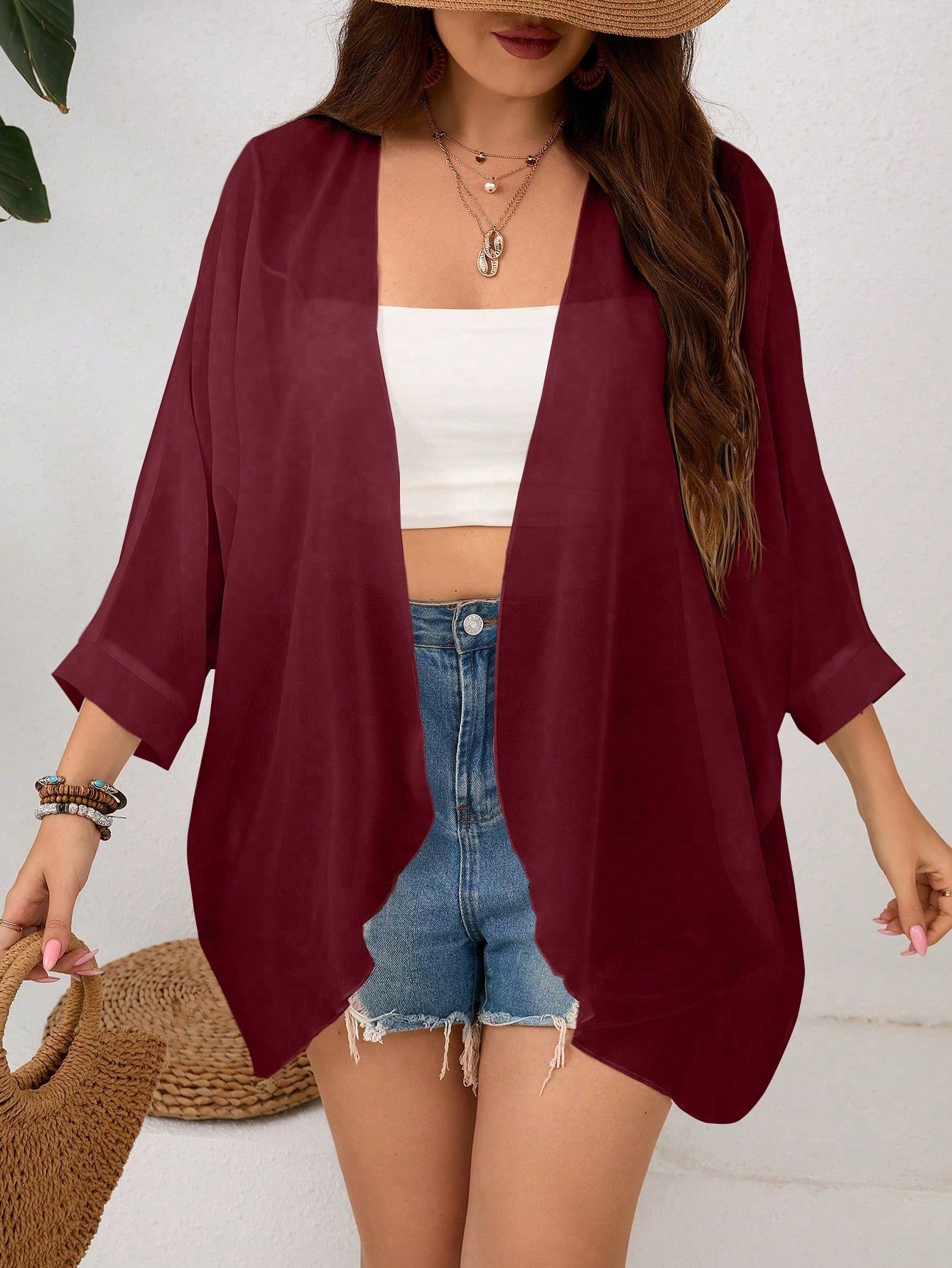 Plus Size Women Solid Color Batwing Sleeve Loose Open Front Coat With Asymmetrical Hem