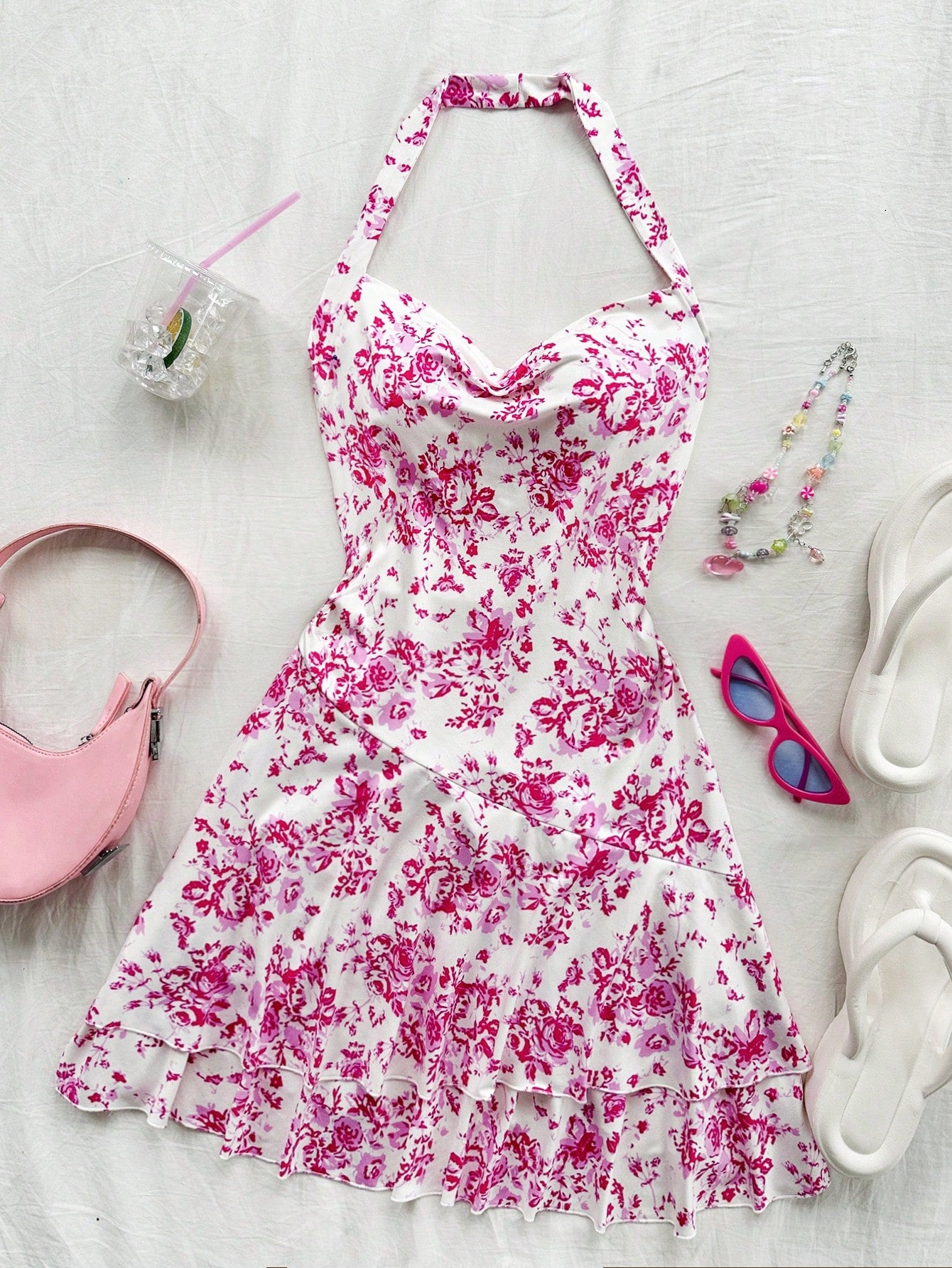 Vacation Style Floral Print Halter Neck Dress With Cinching Waist