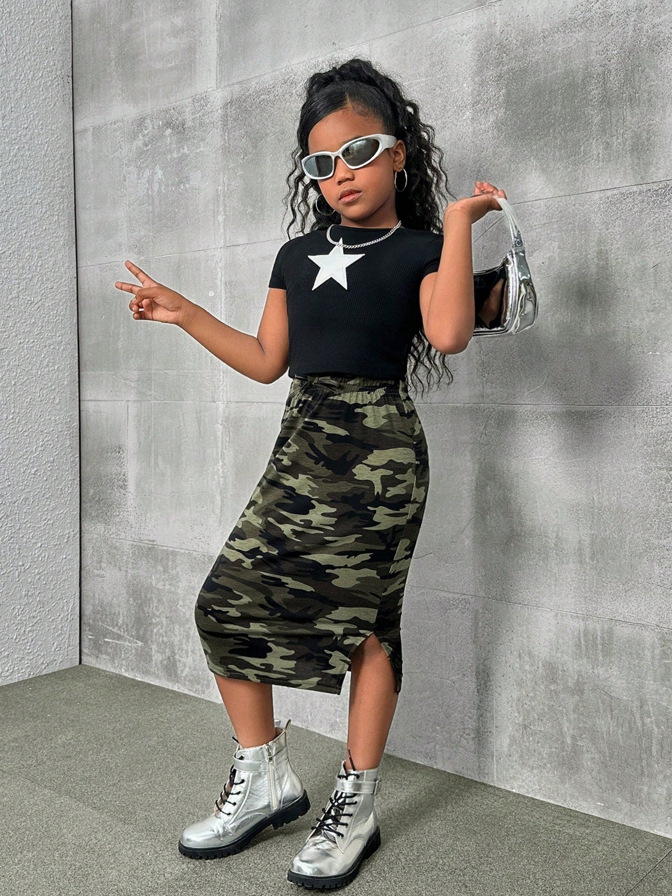 Tween Girl Camo Printed Bodycon Knit Skirt With Side Slit, Casual And Cool With Waist Belt And Drawstring