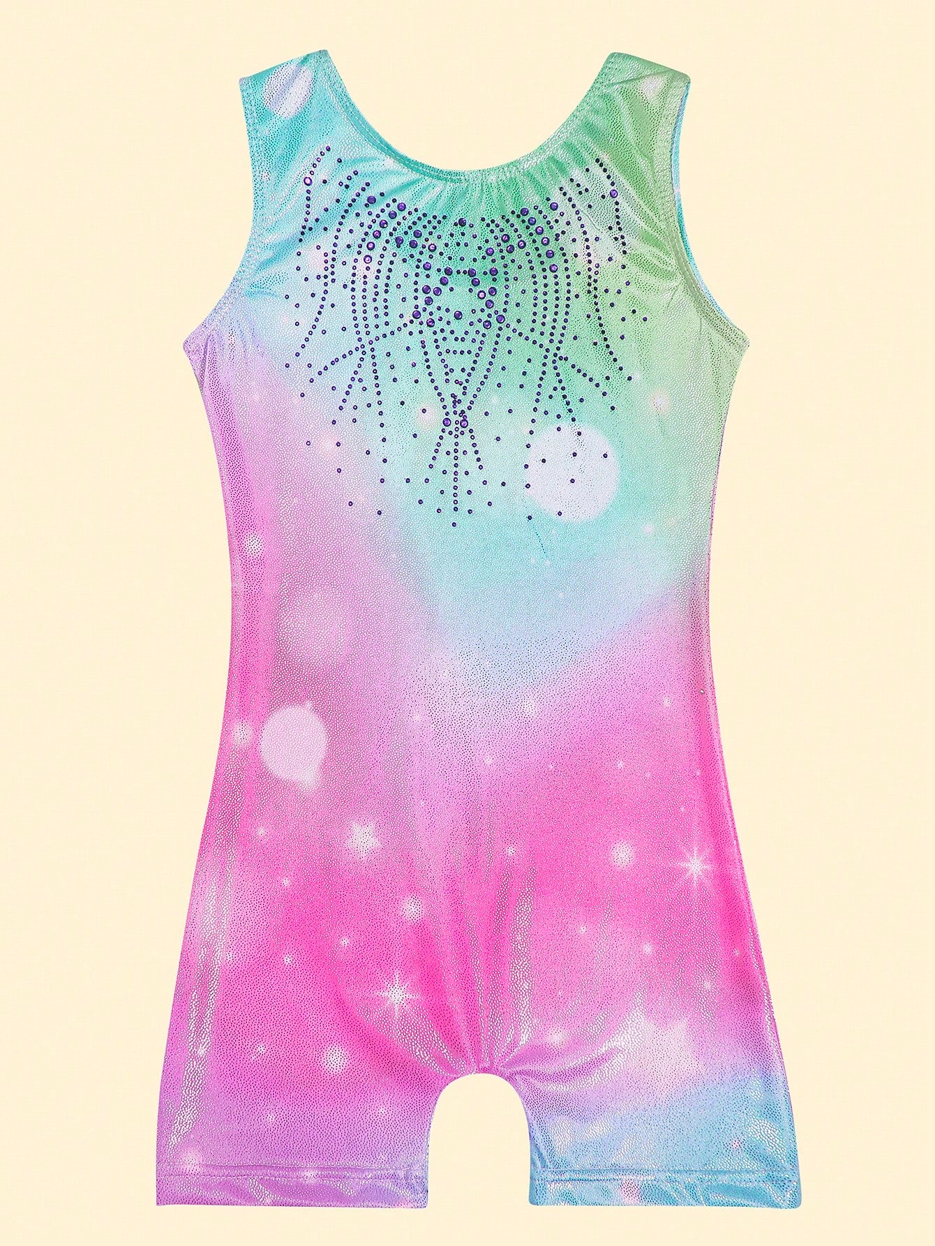 Young Girl Rhinestone Tie-Dye Heart Print Sleeveless Bodysuit Leotard For Gymnastics