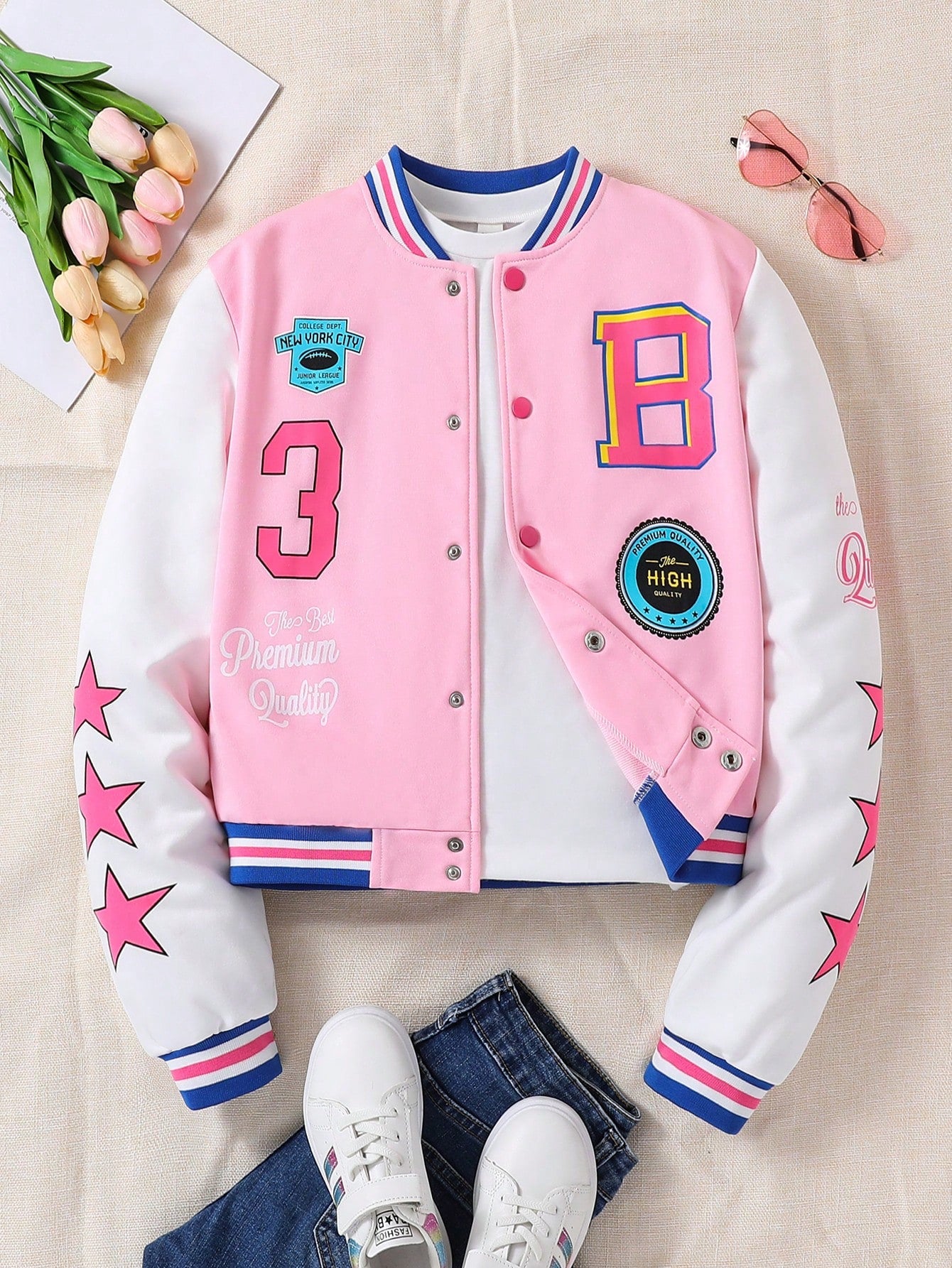 Teen Girls Letter Graphic Print Trim Varsity Jacket