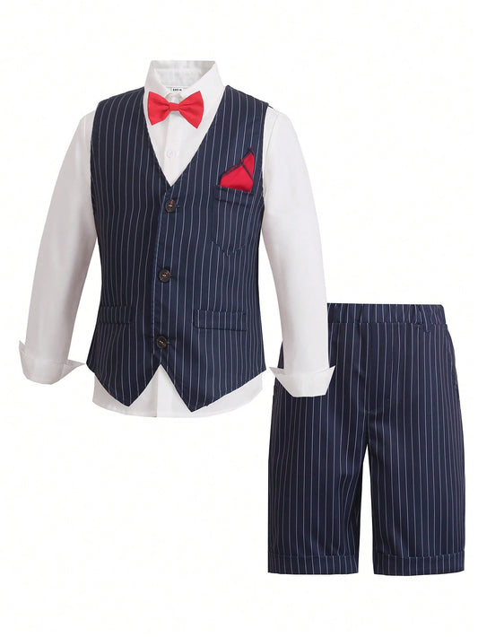 2pcs Tween Boy Gentleman Suit, Striped Vest And Bermuda Shorts, Suitable For Elegant And  Occasions Such As Birthday Parties, Evening Parties, Performances, Wedding, Baptism, First Birthday, Back-To-School Season