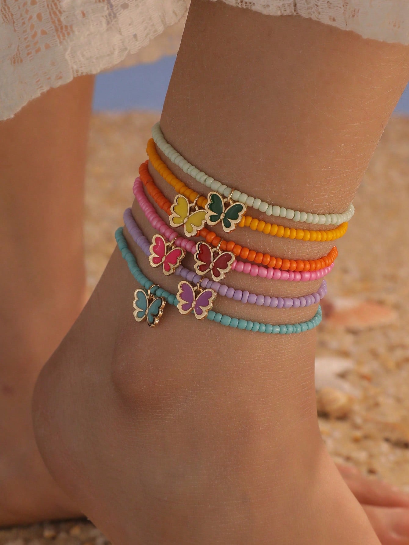 6pcs/Set Kids Beach Style Colorful Rice Bead & Butterfly Beaded Anklets, Summer Accessory