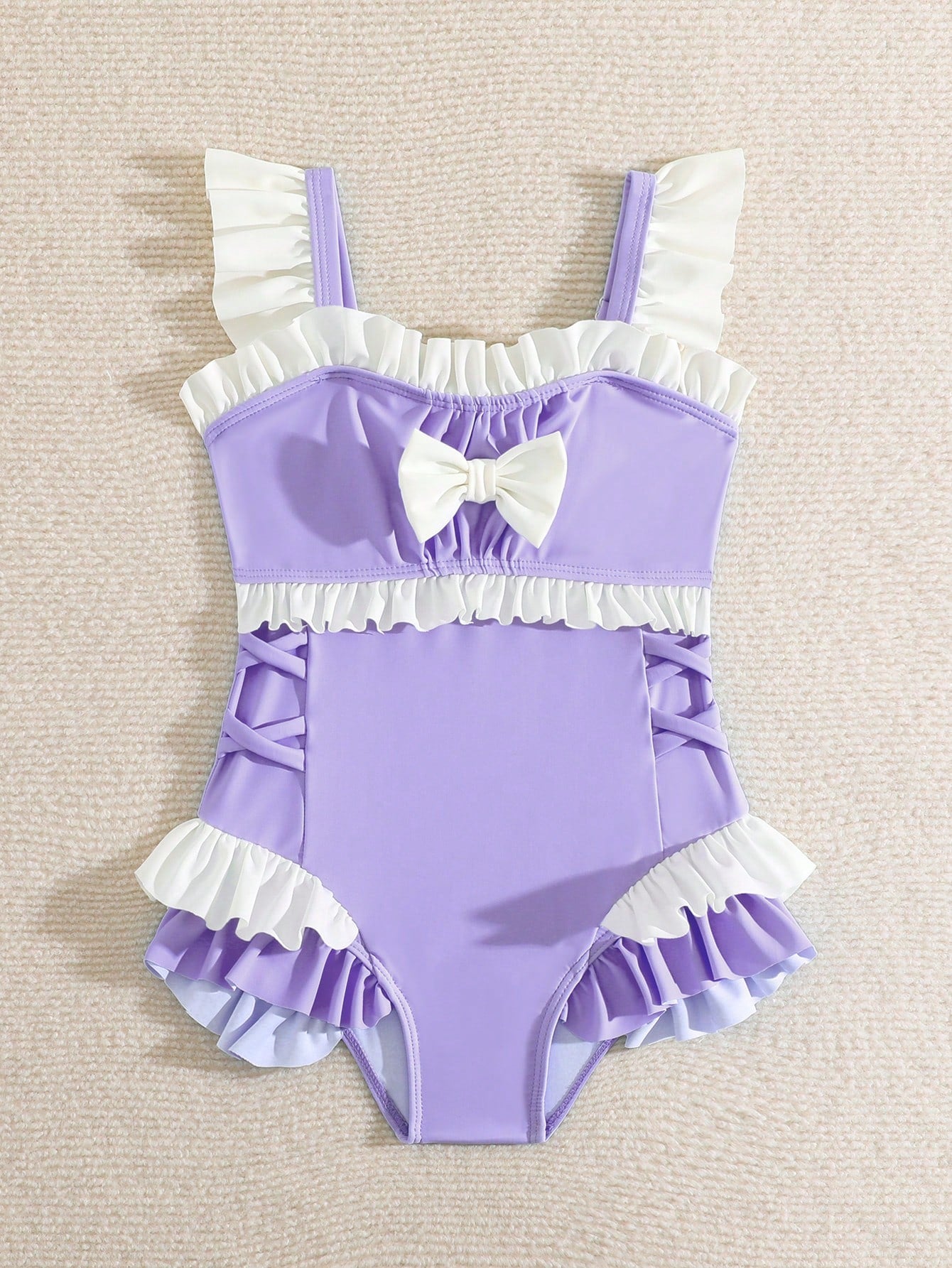 Young Girl Color Block 1pc Swimsuits With Lace & Bowknot Decor