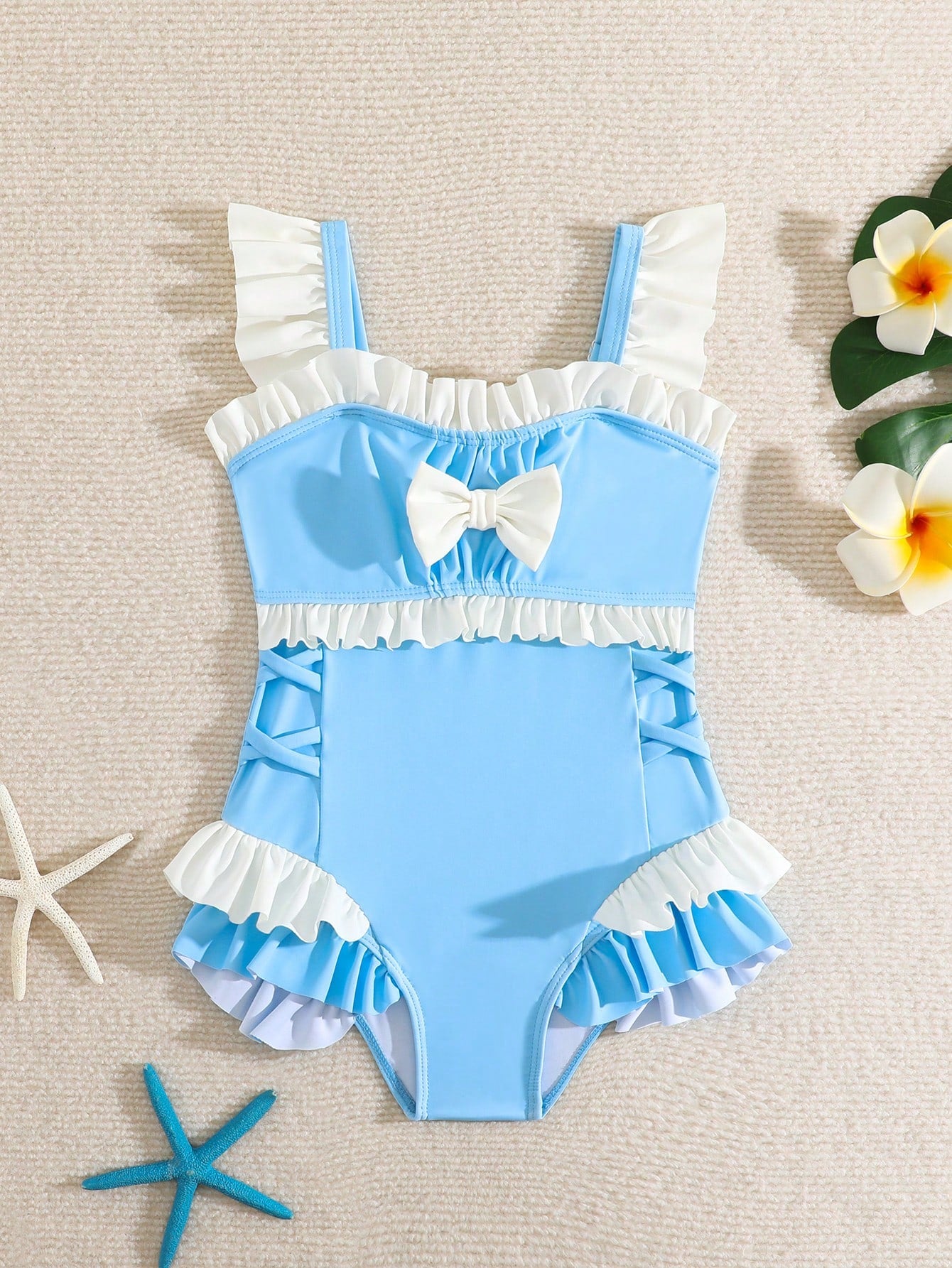 Young Girl Color Block 1pc Swimsuits With Lace & Bowknot Decor