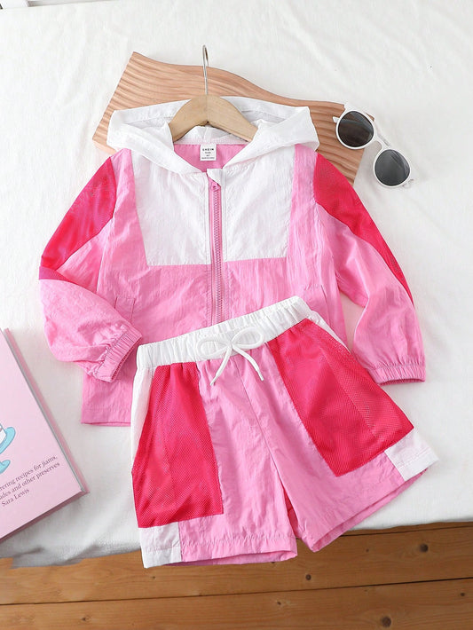 Streecool Kids 2pcs Young Girl Casual Sports All-Match Stylish White & Light Pink Color Block Mesh Zip-Up Hooded Jacket And Shorts Set, Suitable For Running, Exercise, Outdoors, Parties, Parent-Child Activities, Summer Or Fall, Breathable, Comfortable And