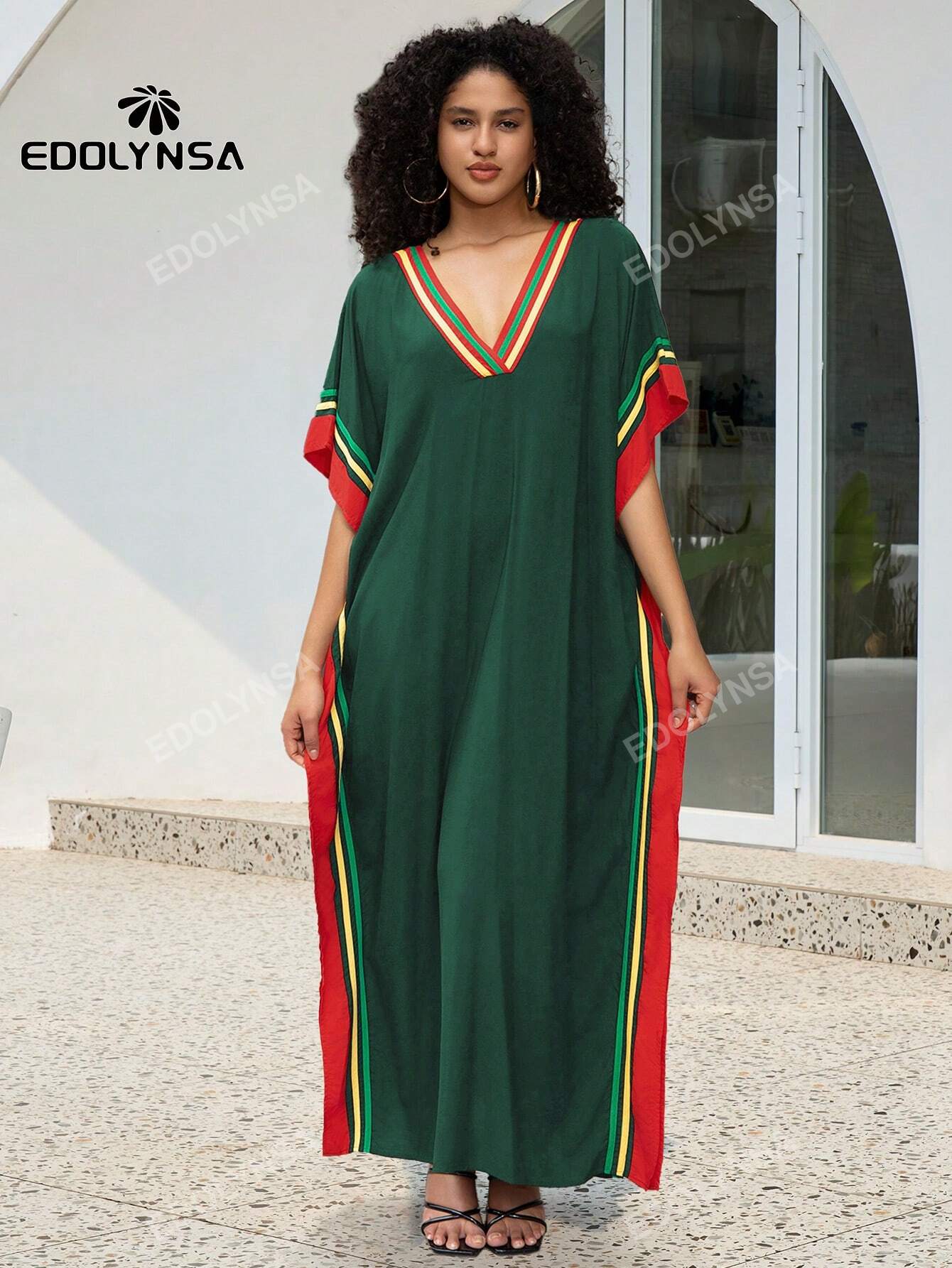 Casual Colorblock Kaftan Batwing Sleeves House Dress Plus Size Ladies Cover Up