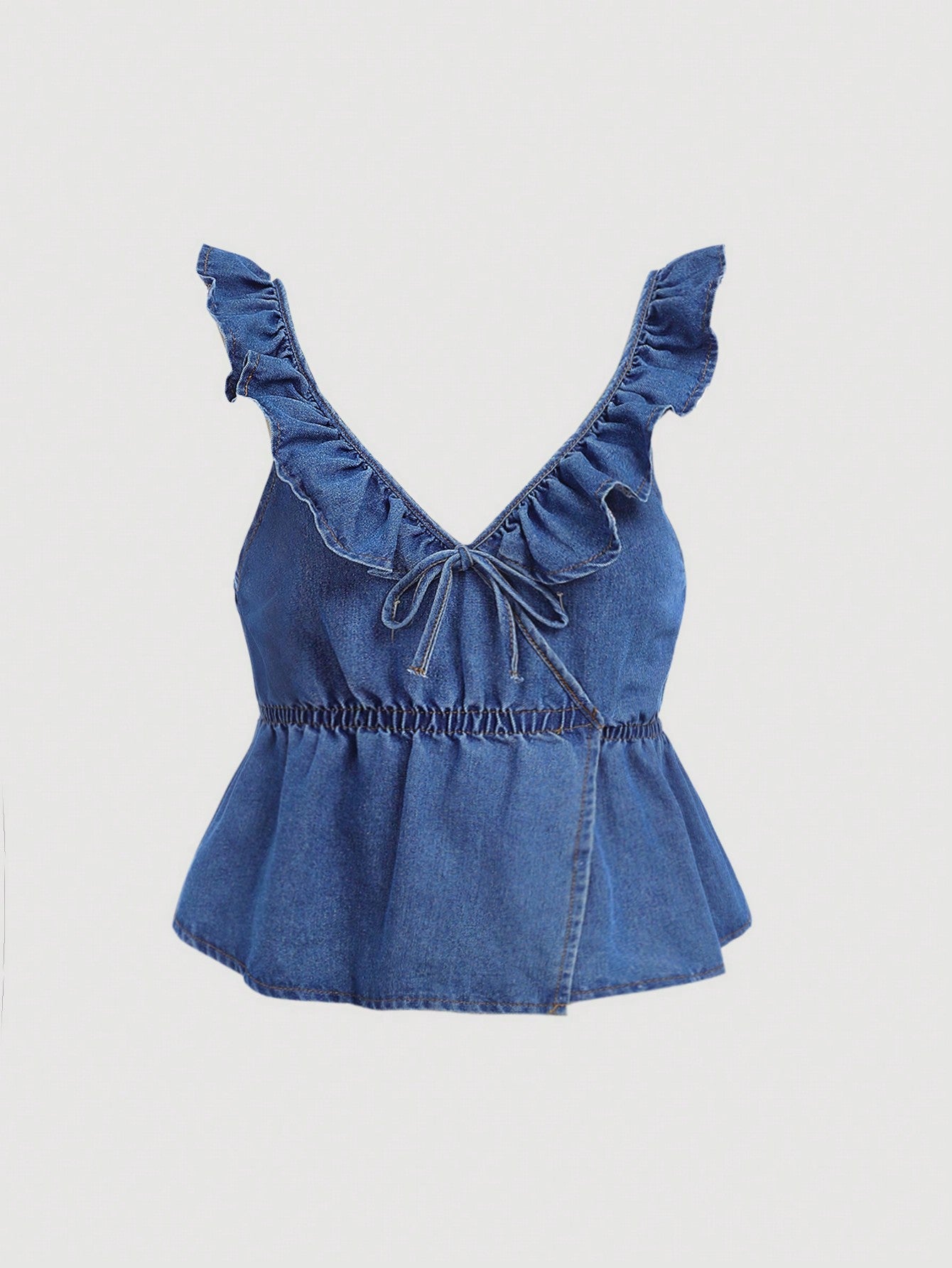 Juniors' Casual Holiday Denim Top With Ruffle Trim