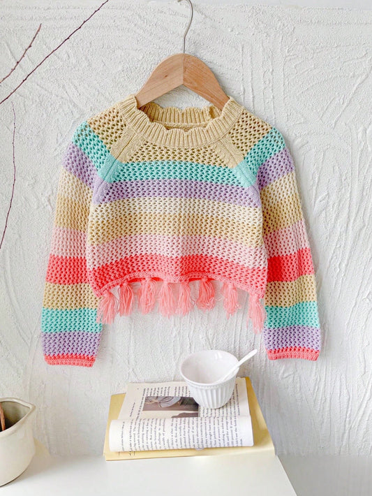 Girls' Multicolor Fashionable Casual Rainbow Knitted Sweater With Tassels, Suitable For Daily Wear And Traveling