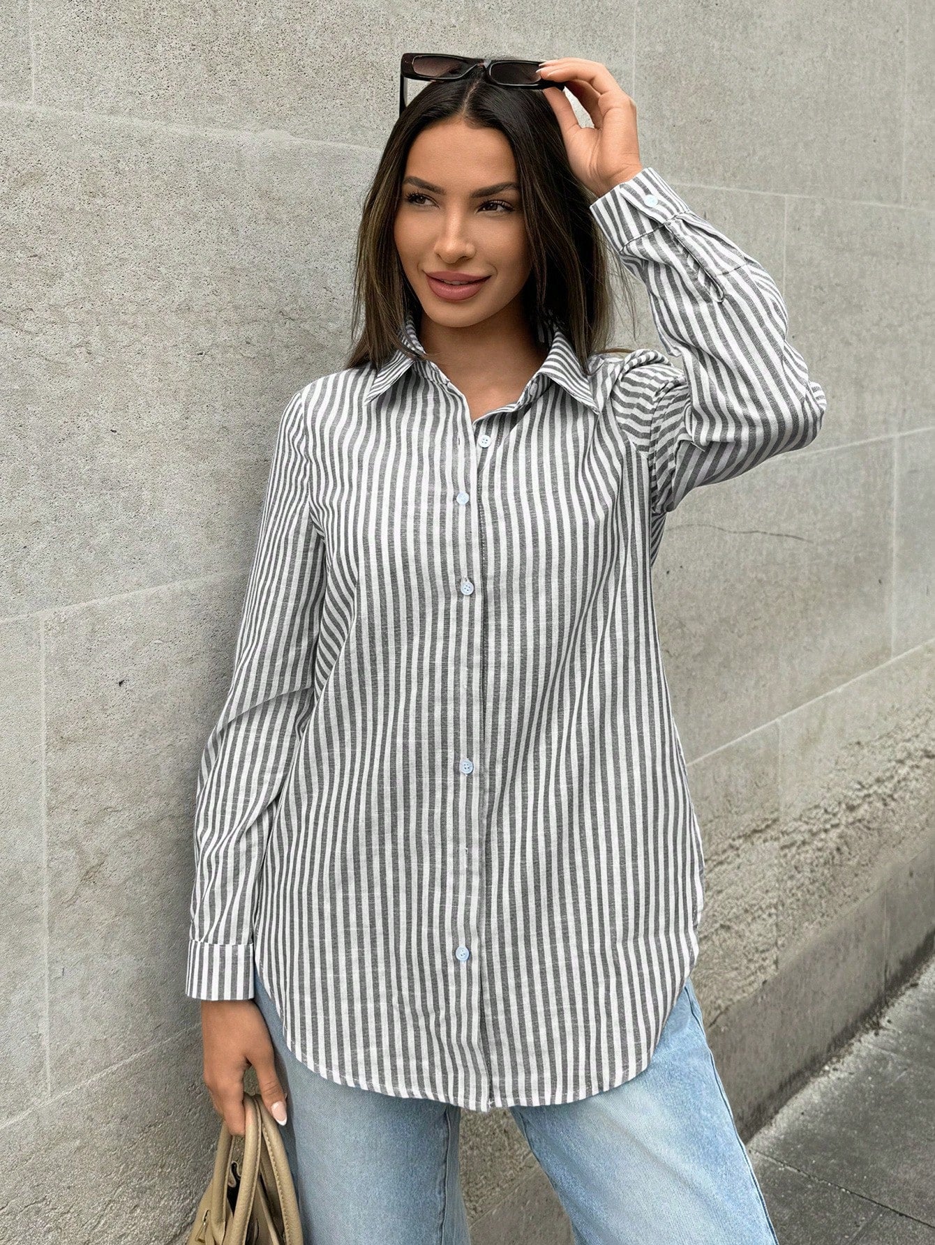 Summer Women Casual Comfortable Blue And White Stripe Printed Shirt With Open Front And Irregular Hem And Side Slits