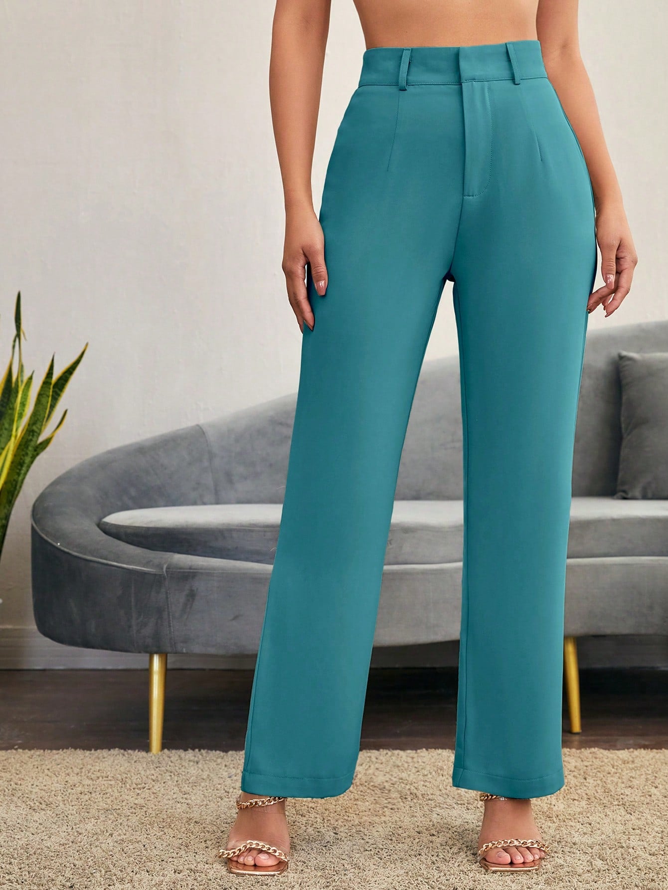 Solid High Waist Straight Leg Suit Pants