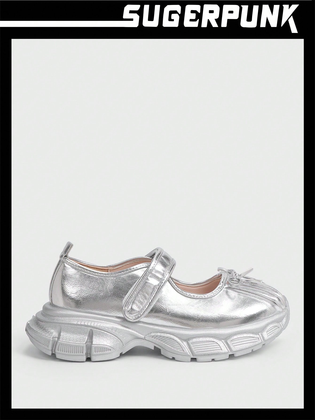 Sugerpunk Silver Mary Jane Flat Shoes With Thick Bottom, Bow Knot, Casual Women's Wedge Heel Sports Shoes