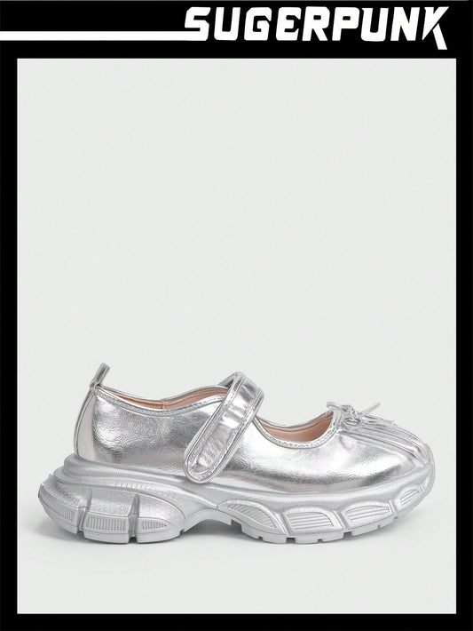 Sugerpunk Silver Mary Jane Flat Shoes With Thick Bottom, Bow Knot, Casual Women's Wedge Heel Sports Shoes