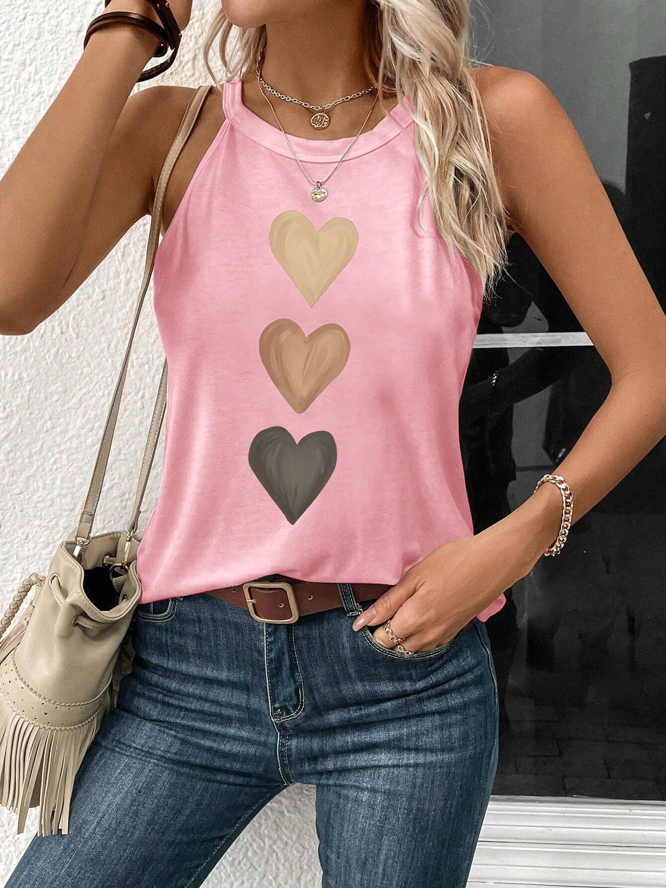 Heart Shaped Pattern Casual Sleeveless Top, Suitable For Summer, Slim Fit Women's Tank Top