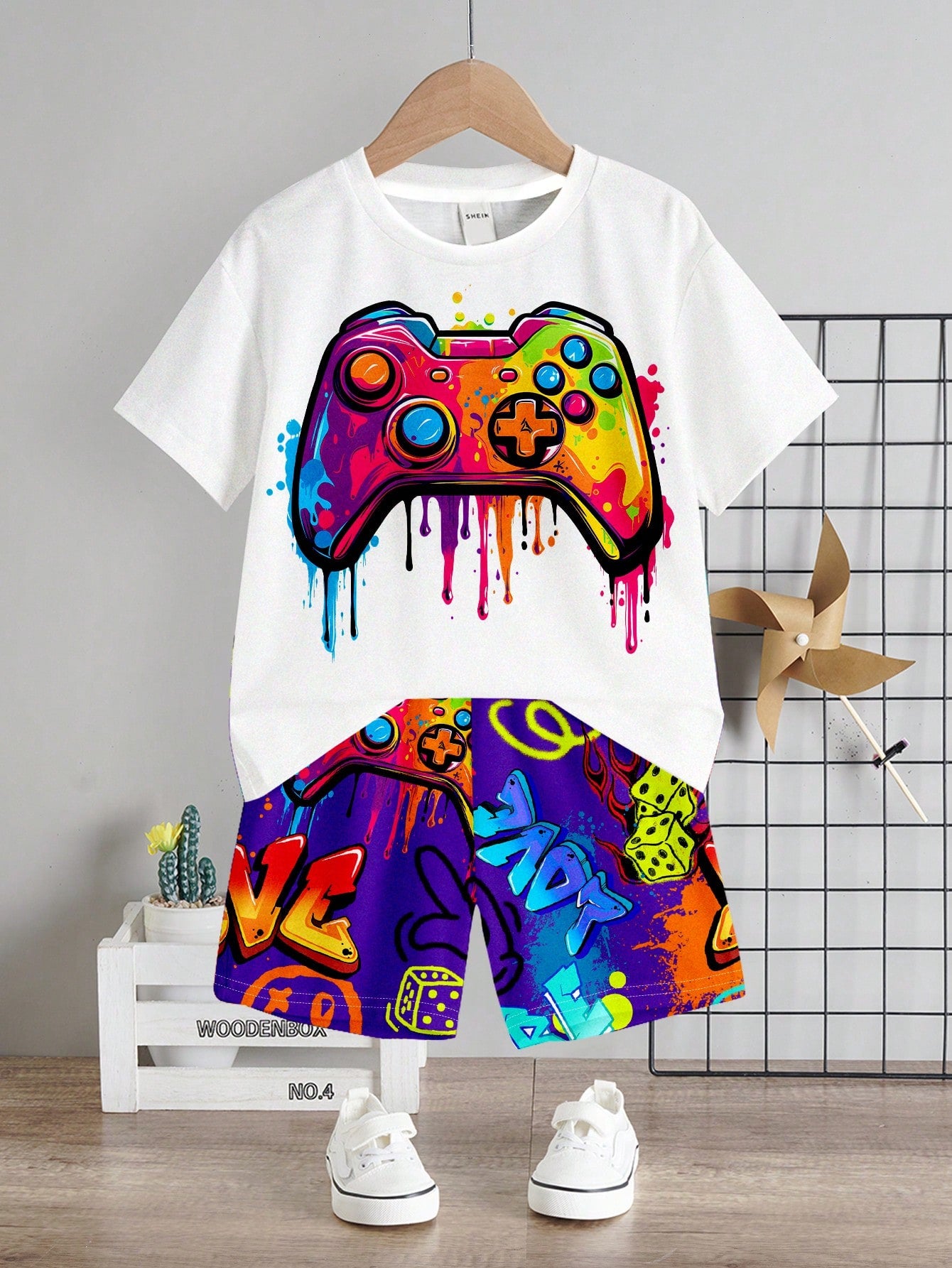 Game Console Graphic Short Sleeve T-Shirt And Shorts Set, Suitable For Young Boys' Casual Summer Outfits