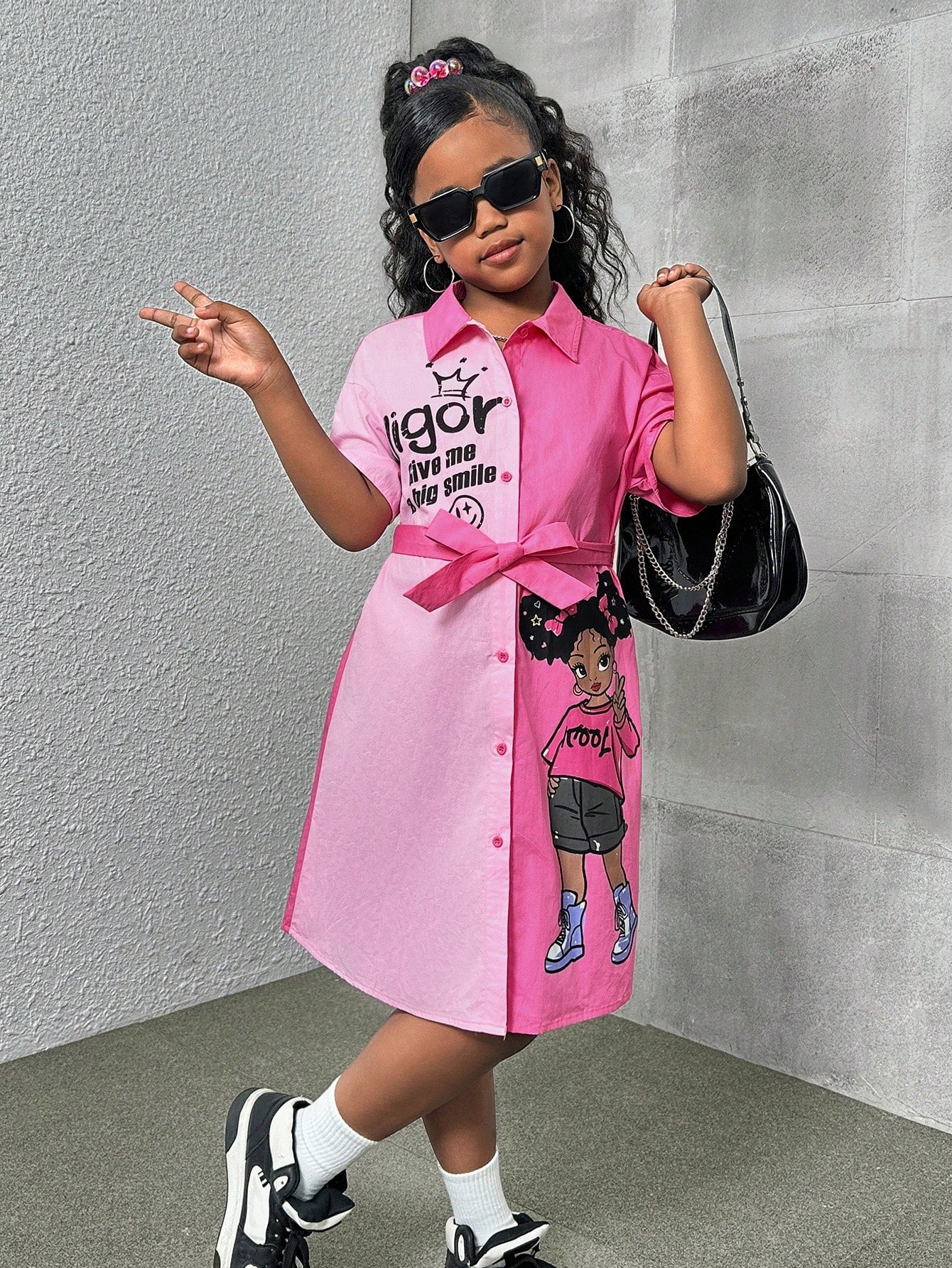 Tween Girl Loose Casual Turn-Down Collar Two-Tone Spliced Trendy Printed Shirt Dress