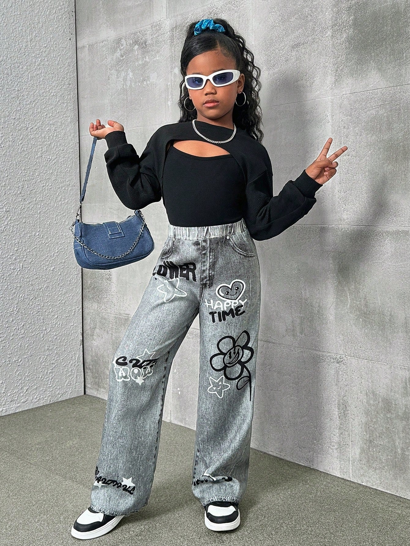 3pcs/Set Loose Cool Street Style Denim Printed Leggings, Tight Tank Top, And Cropped Sweatshirt For Tween Girls