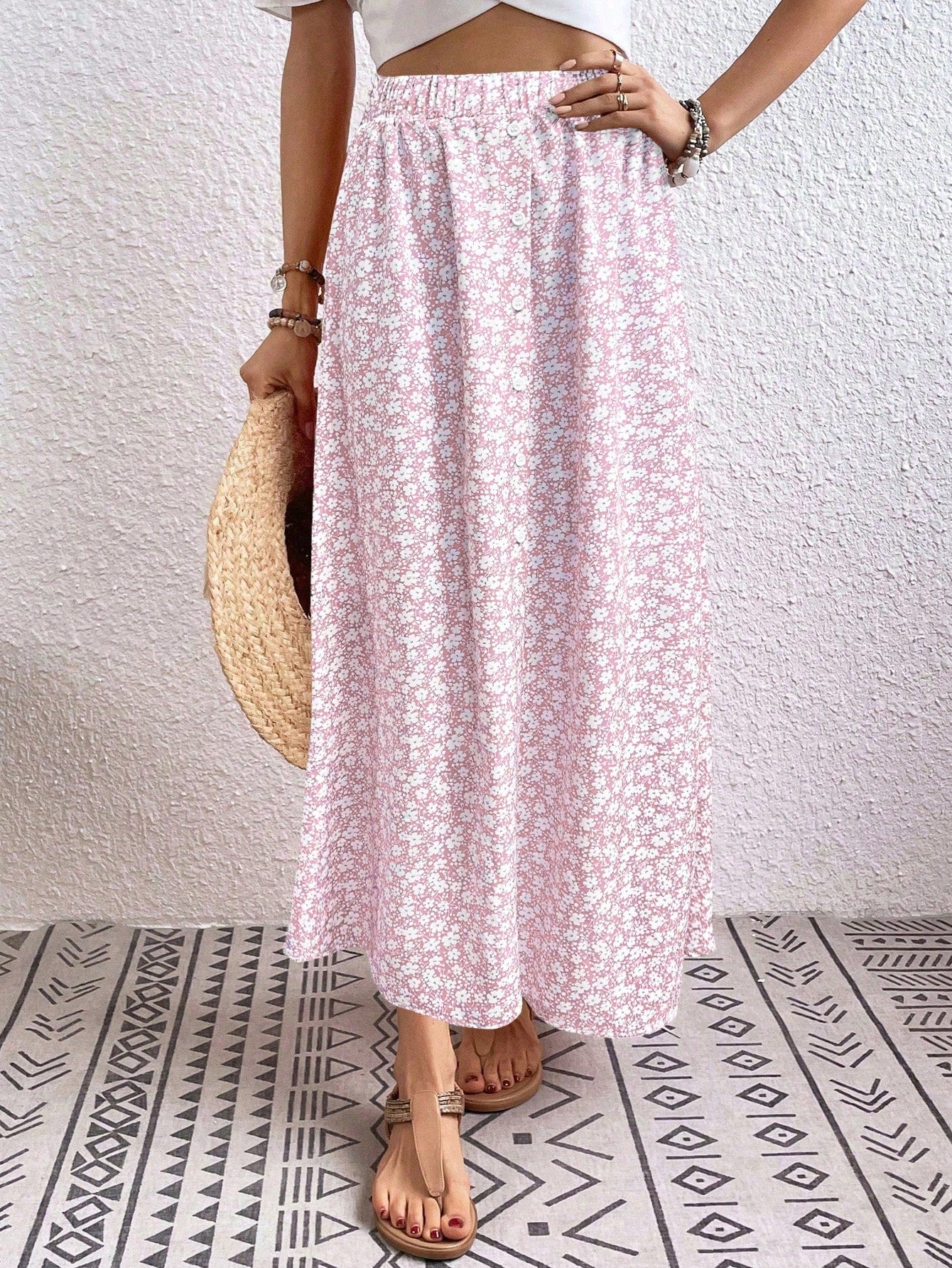 Summer Elastic Waist Casual Long Skirt With Ditsy Floral