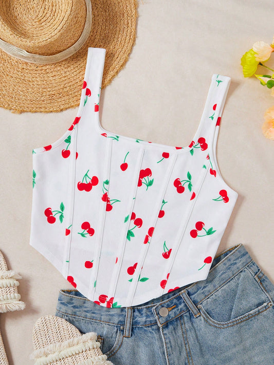 Vacation Style Knitted Cherry Printed Women's Tank Top