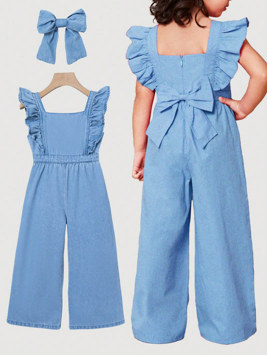 Young Girl Sleeveless Denim Jumpsuit, Cute Blue