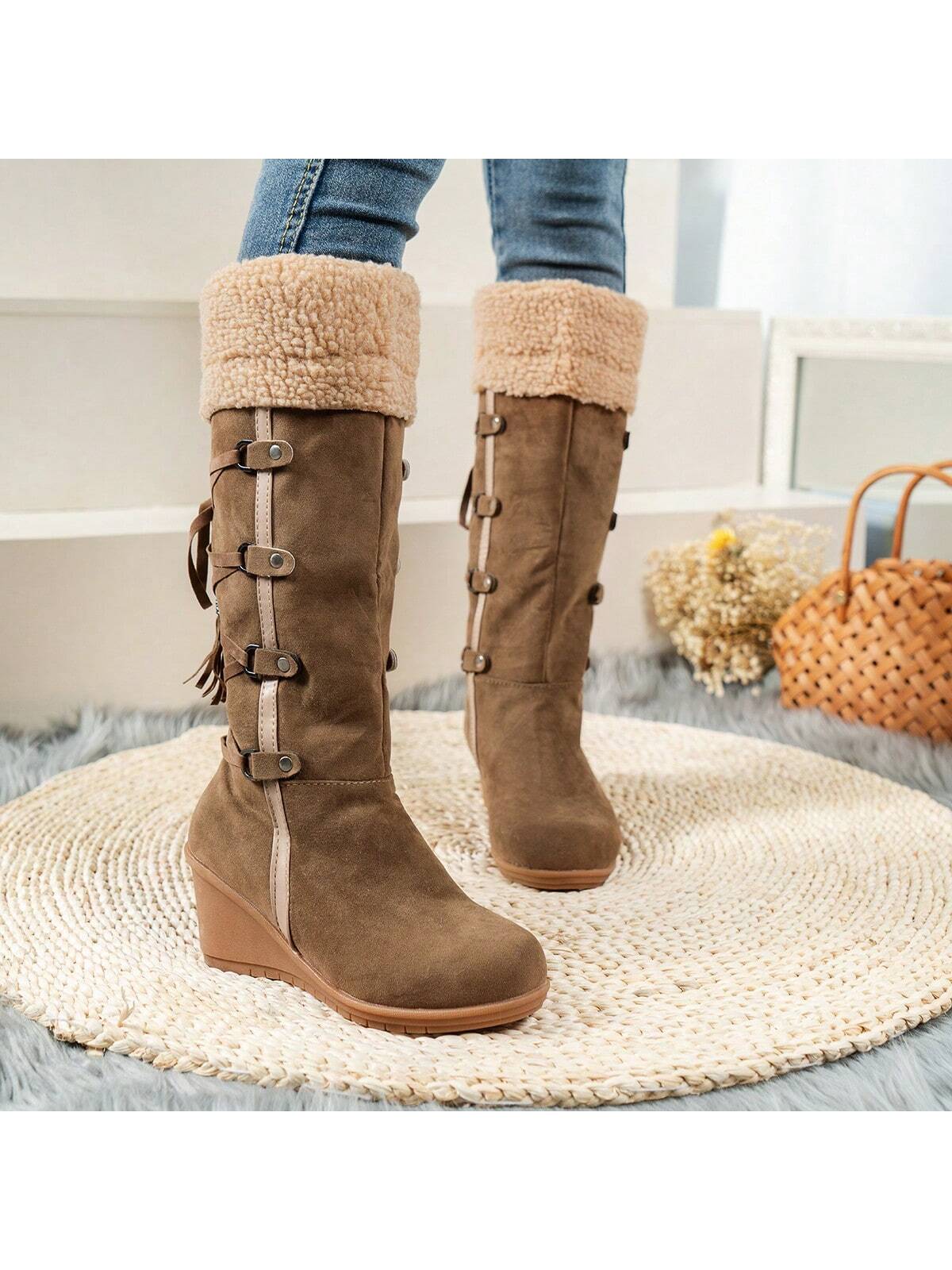 Women's Cute Fleece Snow Boots, Pom-Pom Lace Up Chunky Heeled Mid Calf Boots, Winter Warm Outdoor Boots