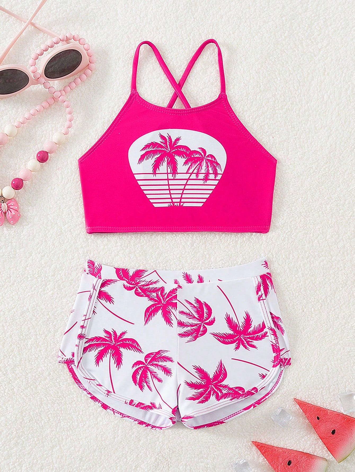 Young Girl Cute Palm Tree Printed Halter Neck Vest And Shorts Bikini Set, Beach Holiday Summer Beach