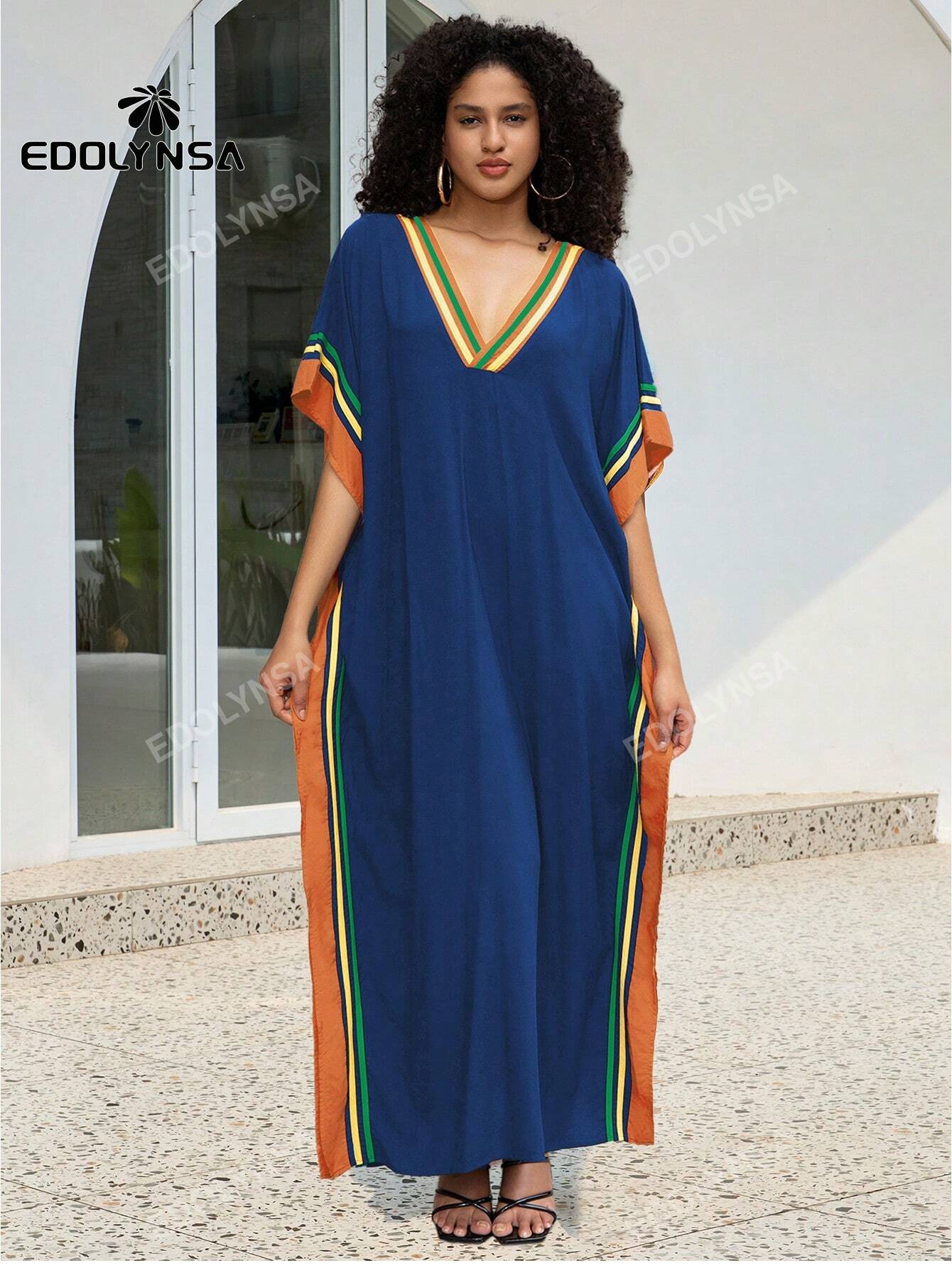 Casual Colorblock Kaftan Batwing Sleeves House Dress Plus Size Ladies Cover Up