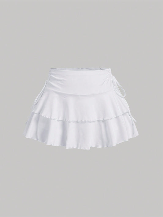 Summer Casual Drawstring Ruched Waist A-Line Skirt