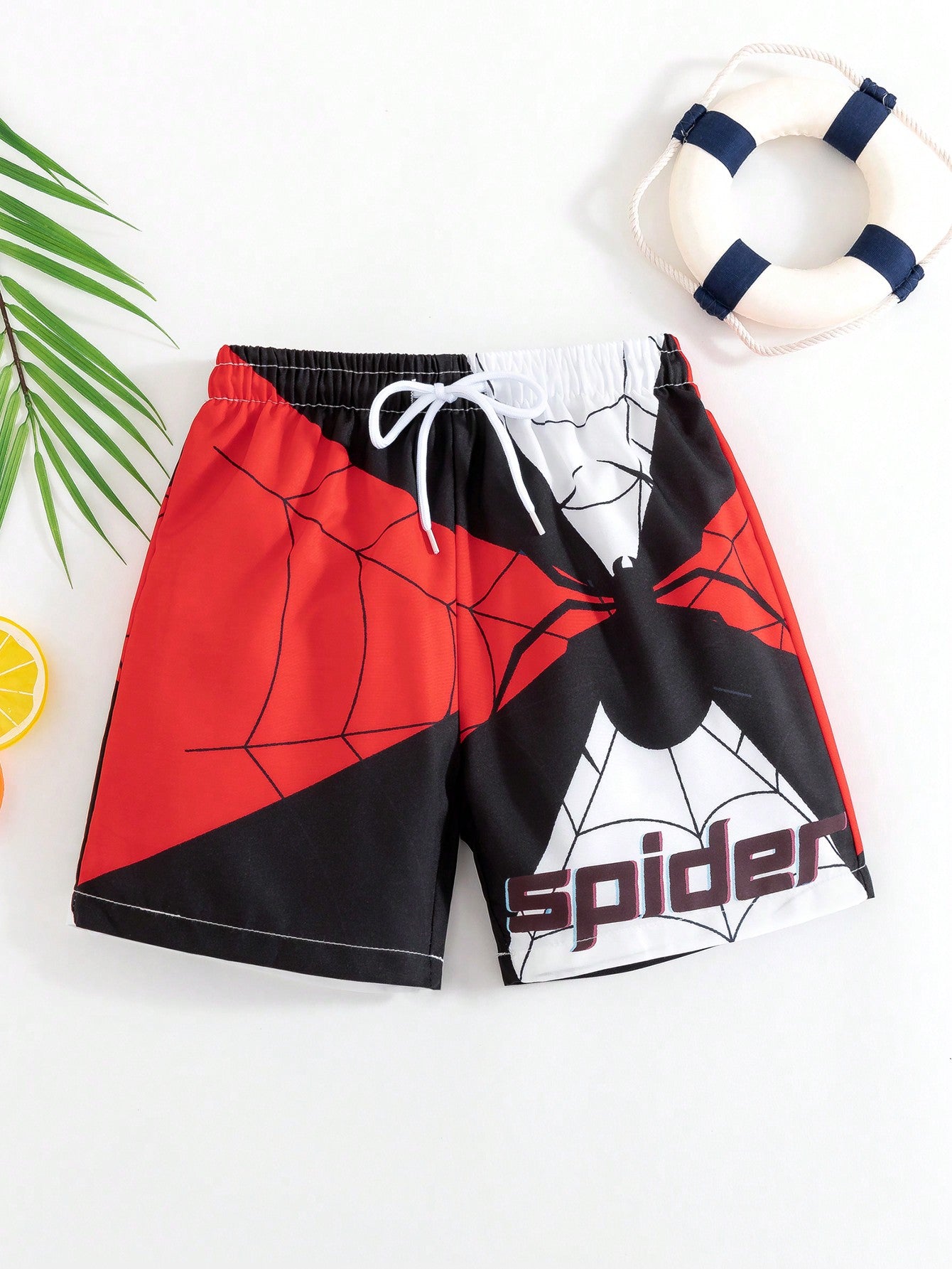 Young Boy Beach Holiday Spider & Letter Print Drawstring Waist Swimwear Shorts