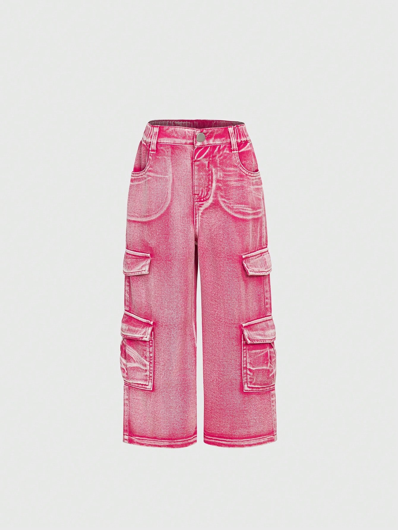 Girls' Pink Washed Denim Cargo Pants With Multiple Pockets