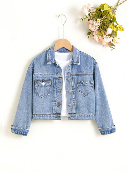 Girls' Daily Casual Versatile Love Cute Top Coat With Denim Jacket