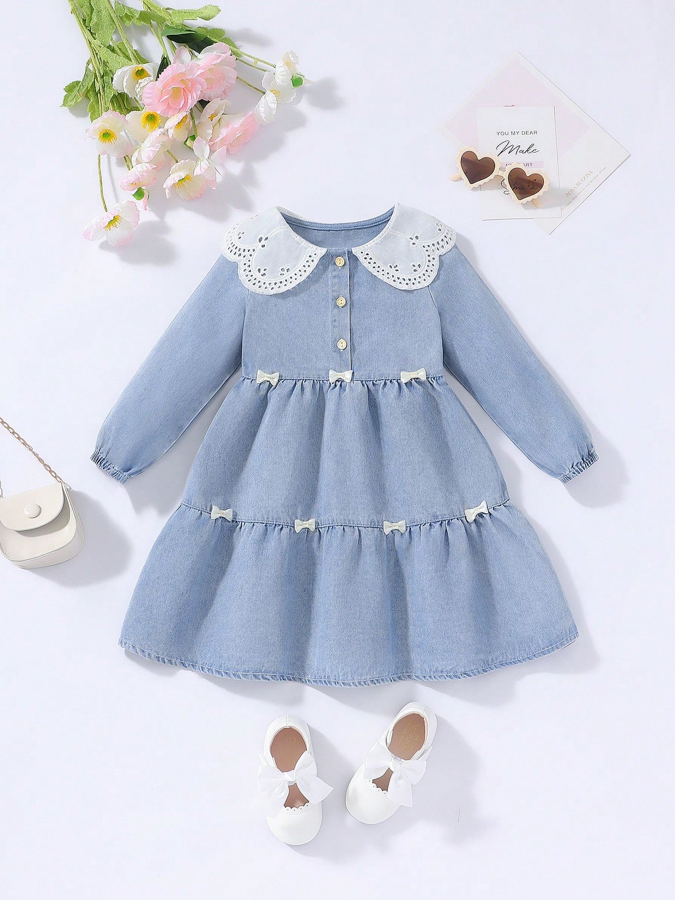 Girls' Cute And Versatile Casual Denim Dress With Peter Pan Collar And Bow