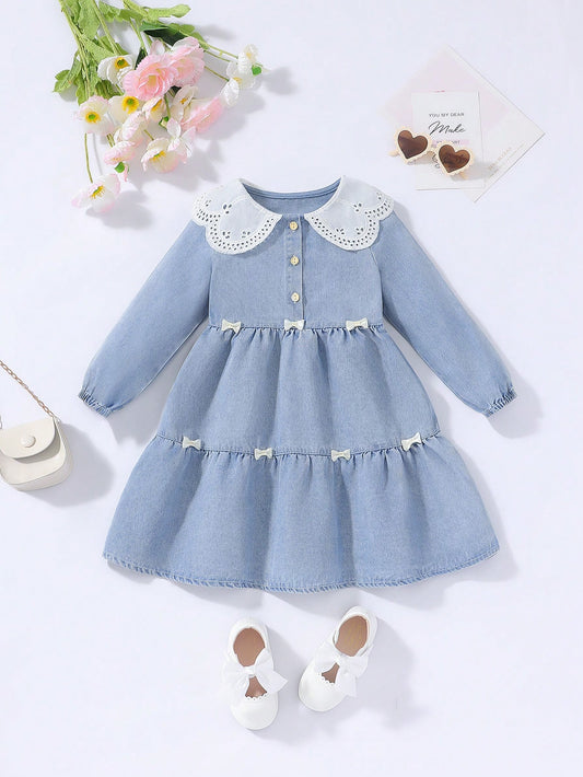 Girls' Cute And Versatile Casual Denim Dress With Peter Pan Collar And Bow