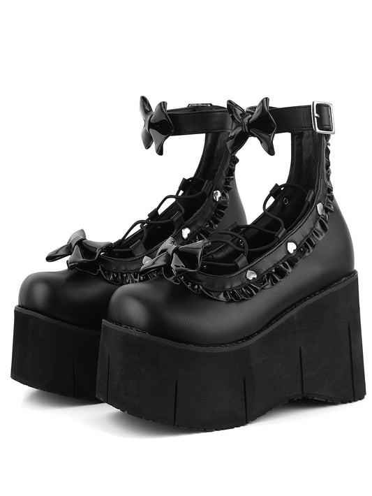 Gothic Punk Women Mary Janes Pumps High Wedges Ankle Strap Butterfly Knot Girls Shoes Lolita Dress Cosplay Pumps